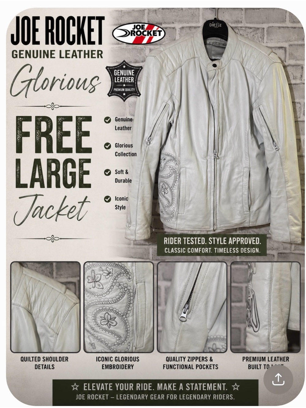 Joe Rocket Glorious & Free Genuine Leather Motorcycle Jacket, large